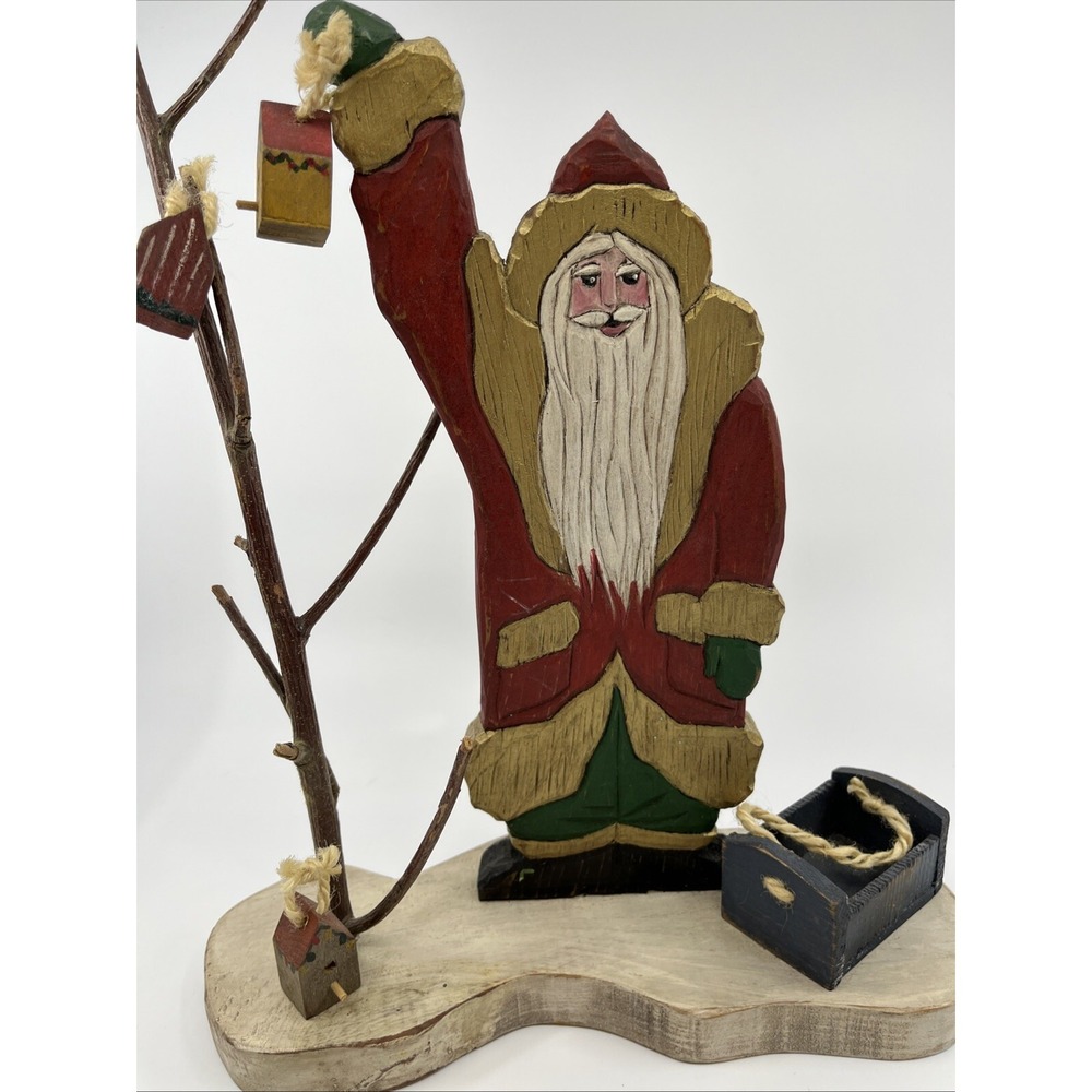 Folk Art Hand Carved Wood & Painted Christmas Santa 13" Signed 90's Birdhouses